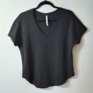 Babaton Aritzia Black V-Neck Waffle Tee